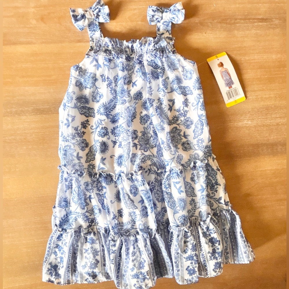 Jona Michelle Girls Floral Print Sleeveless Flowy Dress, Blue & White, Sz 5 NWT